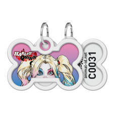 Адресник для собак і котів металевий WAUDOG Smart ID з QR паспортом, малюнок "Гарлі Квінн", кістка, Д 40 мм, Ш 28 мм