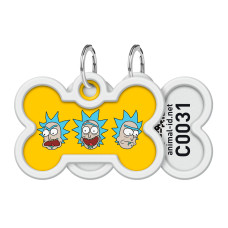 Адресник для собак і котів металевий WAUDOG Smart ID з QR паспортом, малюнок "Рік та Морті 3", кістка, Д 40 мм, Ш 38 мм