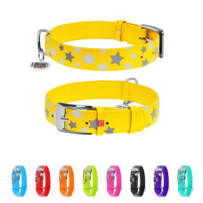 Нашийник для собак шкіряний WAUDOG Glamour з QR паспортом, візерунок "Зірочка", світонакоплювальний, Ш 35 мм, Дов 46-60 см жовтий