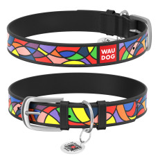 Нашийник для собак шкіряний WAUDOG Design з QR паспортом, малюнок "Вітраж", Ш 12 мм, Дов 21-29 см чорний