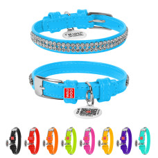 Нашийник для собак шкіряний WAUDOG Glamour з QR паспортом, з прикрасою "Полотно стрази", XXS, Ш 9 мм, Дов 19-25 см блакитний