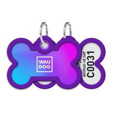 Адресник для собак і котів металевий WAUDOG Smart ID з QR паспортом, малюнок "Градієнт фіолетовий", кістка, Д 40 мм, Ш 28 мм