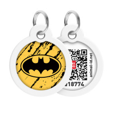 Адресник для собак і котів металевий WAUDOG Smart ID з QR паспортом, малюнок "Бетмен ескіз", коло, Д 30 мм
