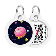 Адресник для собак і котів металевий WAUDOG Smart ID з QR паспортом, малюнок "Всесвіт пончиків", коло, Д 30 мм