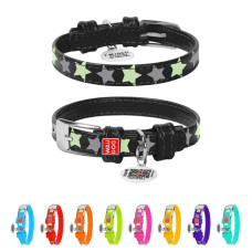Нашийник для собак шкіряний WAUDOG Glamour з QR паспортом, візерунок "Зірочка", світлонакопичувальний/світловідбивний, XS, Ш 12 мм, Дов 21-29 см чорний