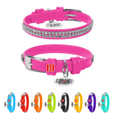 Нашийник для собак шкіряний WAUDOG Glamour з QR паспортом, з прикрасою "Полотно стрази", XS, Ш 12 мм, Дов 21-29 см рожевий