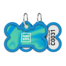 Адресник для собак і котів металевий WAUDOG Smart ID з QR паспортом, малюнок "Градієнт блакитний", кістка, Д 40 мм, Ш 28 мм