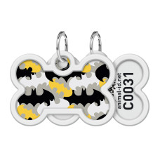 Адресник для собак і котів металевий WAUDOG Smart ID з QR паспортом, малюнок "Бетмен візерунок", кістка, Д 40 мм, Ш 28 мм