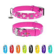 Нашийник для собак шкіряний WAUDOG Glamour з QR паспортом, візерунок "Зірочка", світлонакопичувальний/світловідбивний, XL, Ш 35 мм, Дов 46-60 см рожевий