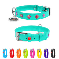 Нашийник для собак шкіряний WAUDOG Glamour з QR паспортом, з клейовими стразами "Квіти", Ш 15 мм, Дов 27-36 см ментоловий