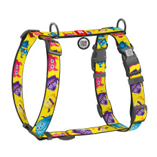 Шлея для собак анатомічна H-подібна WAUDOG Nylon з QR-паспортом, малюнок "Мохнаті монстри", пластиковий фастекс, L, Ш 25 мм, A 51-85 см, B 61-85 см