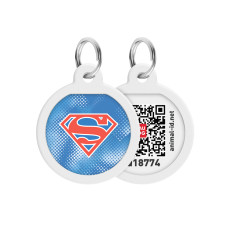 Адресник для собак і котів металевий WAUDOG Smart ID з QR паспортом, малюнок "Супермен ретро", коло, Д 25 мм