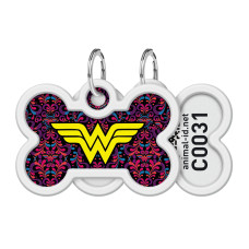 Адресник для собак і котів металевий WAUDOG Smart ID з QR паспортом, малюнок "Чудо-жінка 3", кістка, Д 40 мм, Ш 28 мм