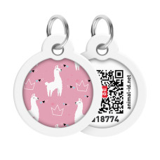 Адресник для собак і котів металевий WAUDOG Smart ID з QR паспортом, малюнок "Лами", коло, Д 30 мм