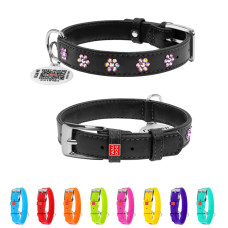 Нашийник для собак шкіряний WAUDOG Glamour з QR паспортом, з клейовими стразами "Квіти", Ш 15 мм, Дов 27-36 см чорний