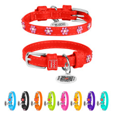 Нашийник для собак шкіряний WAUDOG Glamour з QR паспортом, з клейовими стразами "Квіти", Ш 9 мм, Дов 19-25 см червоний
